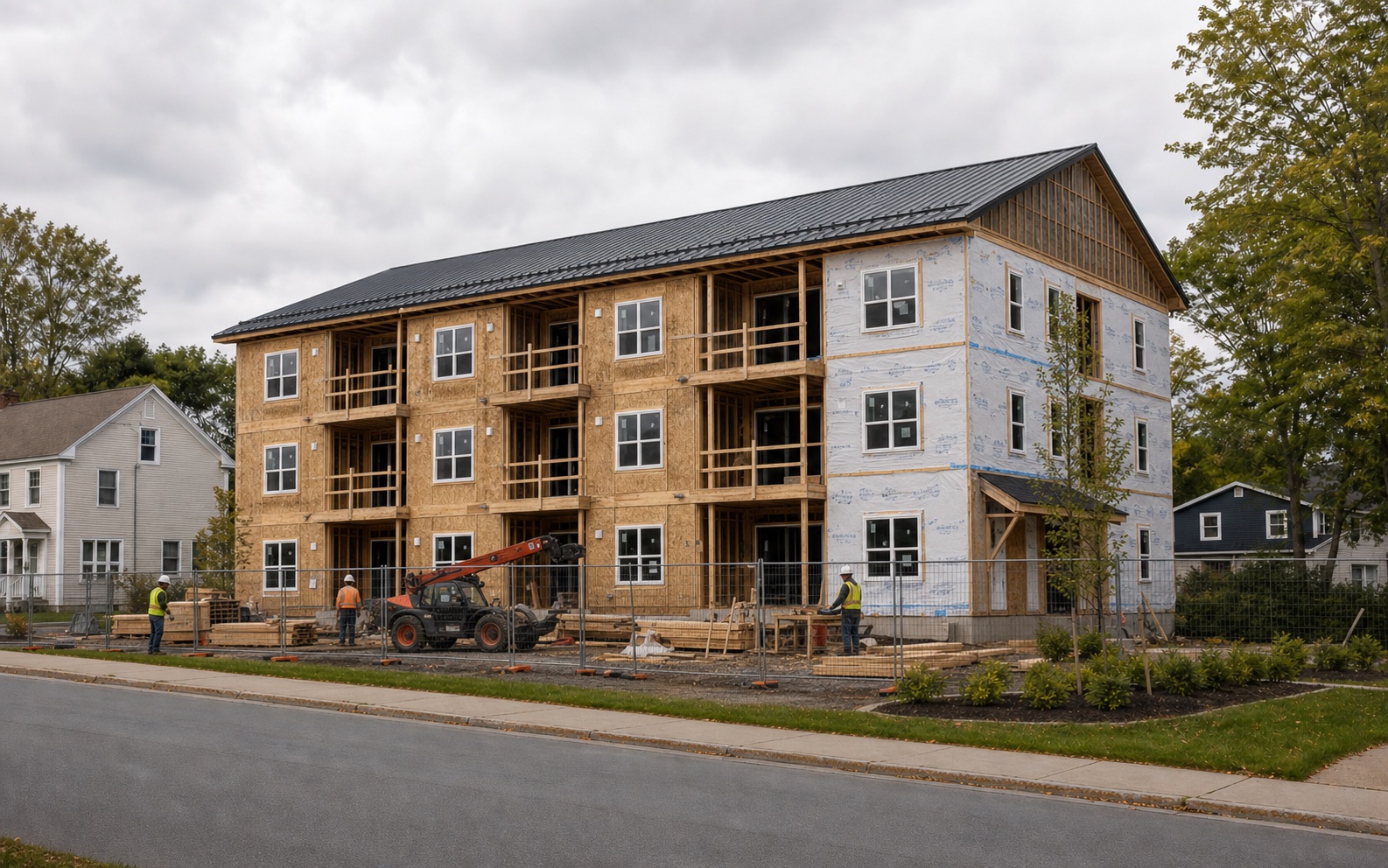 A modest three-storey Nova Scotia multifamily rental building midway through wood-frame construction