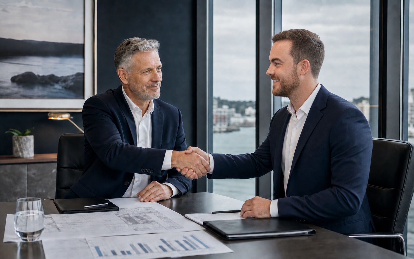 Riley Oickle shaking hands with a business owner in a waterfront boardroom