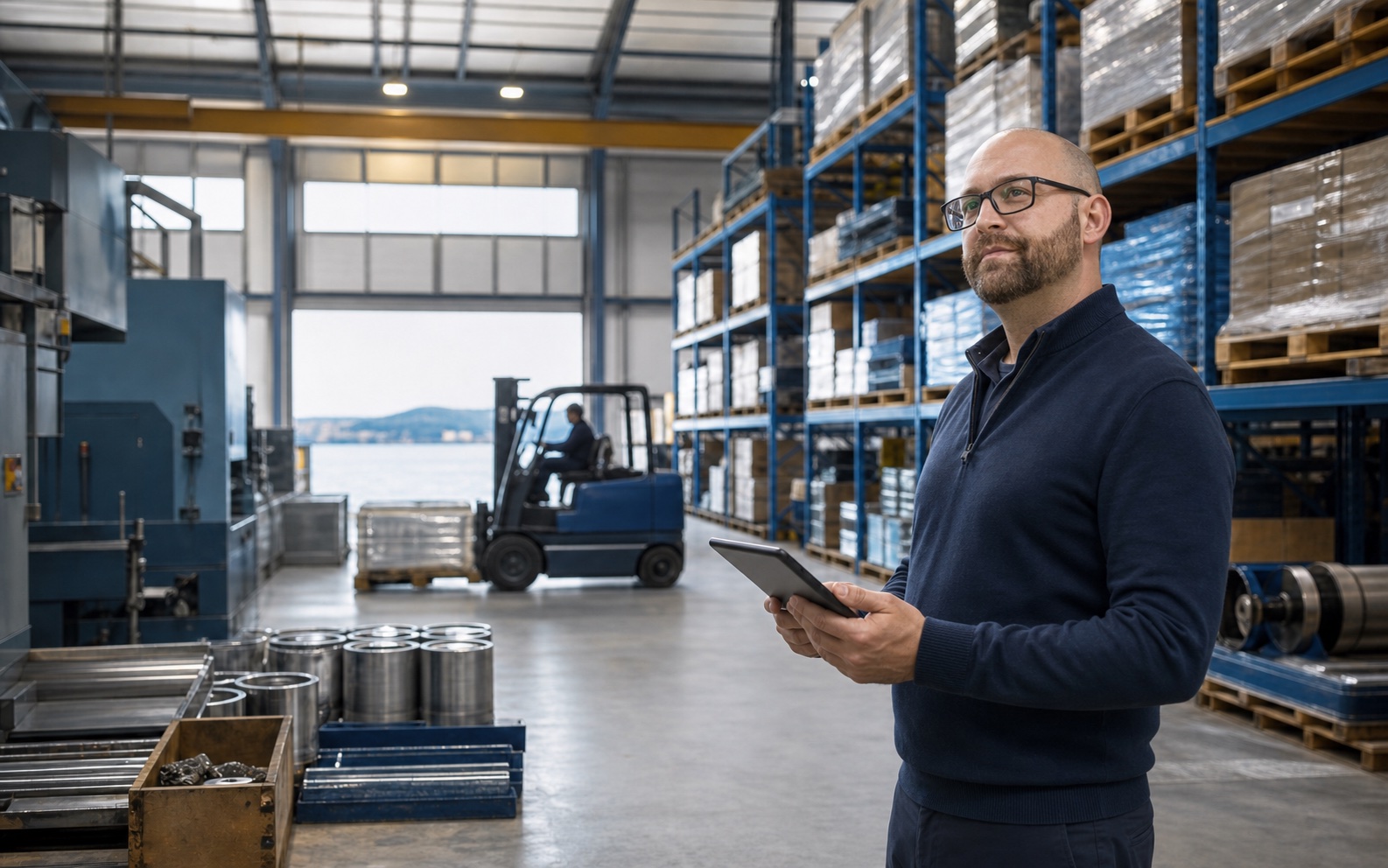 Business owner reviewing inventory and equipment in an active warehouse